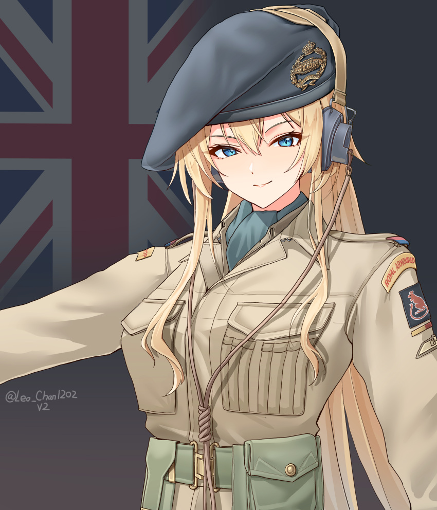 1girl, absurdres, artist_name, ascot, belt, beret, black_hat, blonde_hair