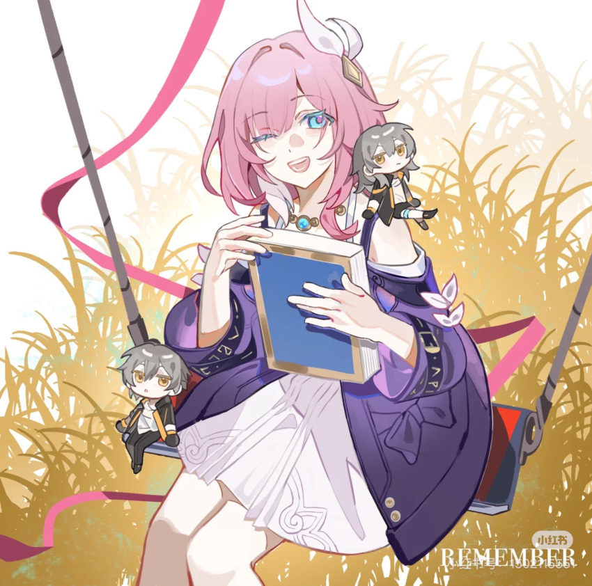 1boy, 2girls, ;o, bare_shoulders, blue_eyes, book, caelus_(honkai:_star_rail), chibi_on_shoulder, chinese_commentary, coat, commentary_request, cyrene_(aedes_elysiae)_(honkai:_star_rail), cyrene_(honkai:_star_rail), dress, highres, holding, holding_book, honkai:_star_rail, honkai_(series), jewelry, medium_hair, mingmingzhu652, multicolored_hair, multiple_girls, necklace, on_swing, one_eye_closed, pink_hair, purple_coat, stelle_(honkai:_star_rail), swing, trailblazer_(honkai:_star_rail), two-tone_hair, wheat, white_dress, white_hair