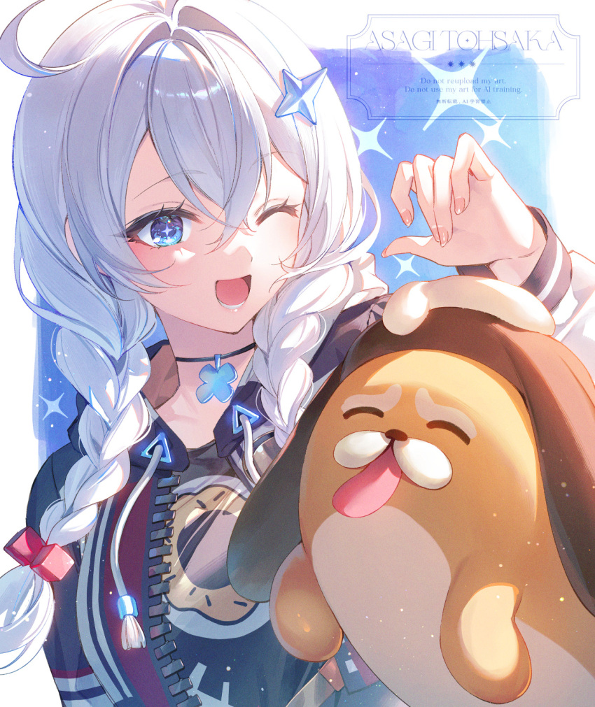 1girl, artist_name, blue_eyes, braid, commentary, hair_ornament, hand_up, hashtag-only_commentary
