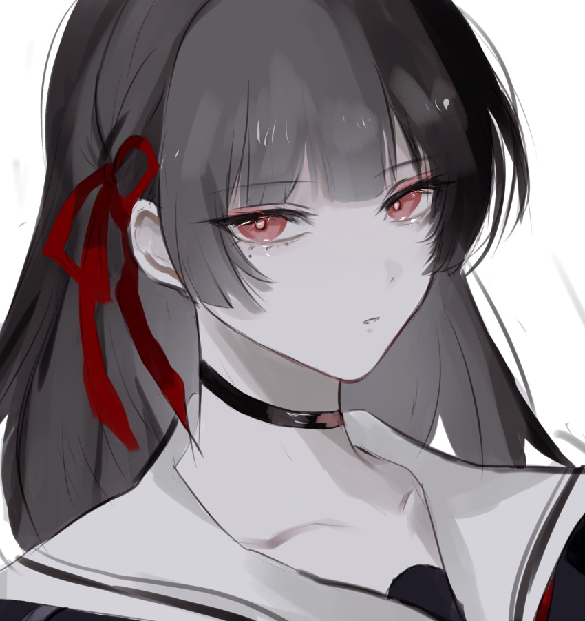 1girl, black_choker, black_hair, chisa_(wuthering_waves), choker, collarbone, commentary_request, hair_ribbon