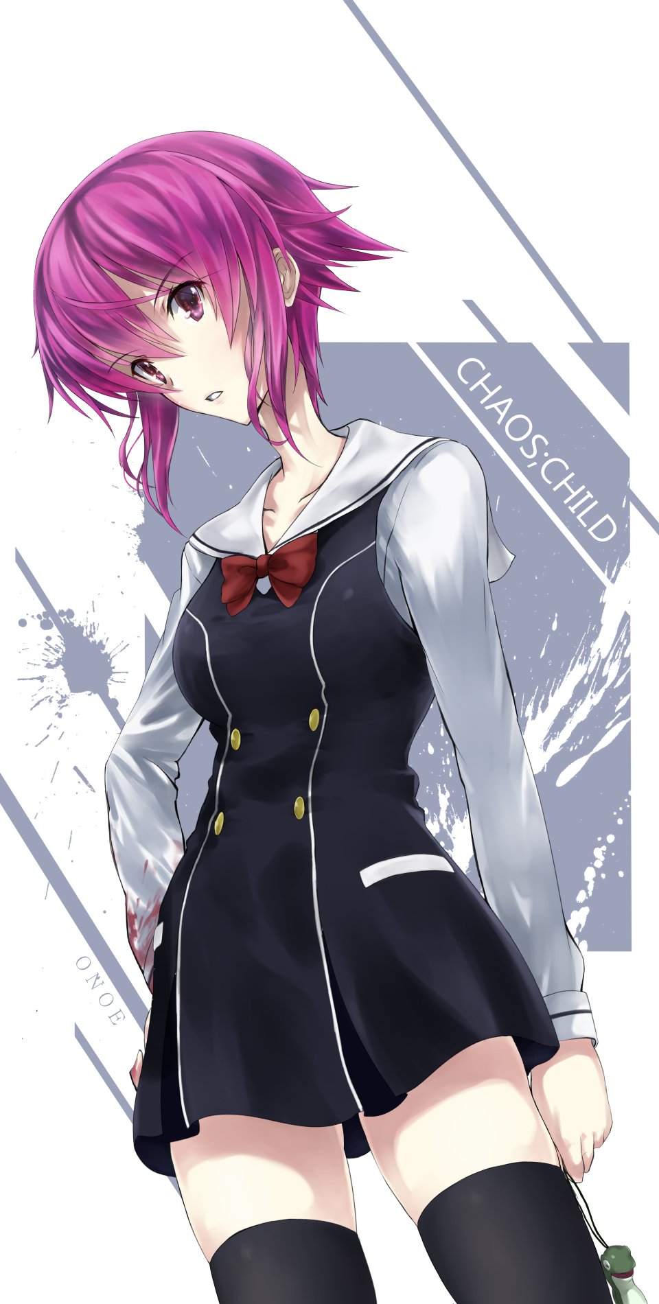 1girl, annoyed, black_thighhighs, blood, blood_on_arm, blood_on_clothes, bow, breasts