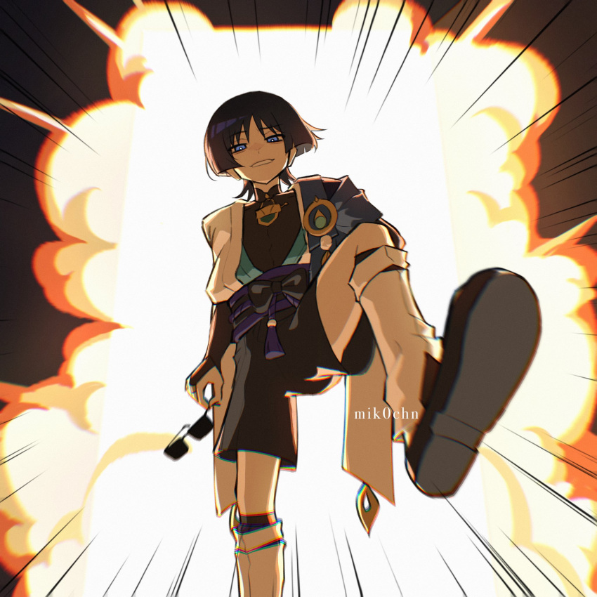 1boy, arms_at_sides, artist_name, belt, black_belt, black_bodysuit, black_bow, black_bridal_gauntlets