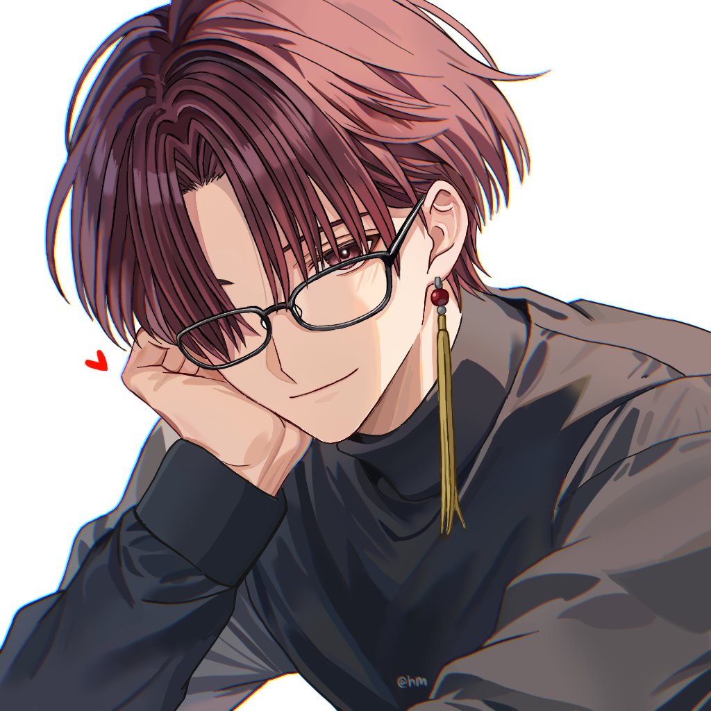 1boy, black_sweater, earrings, glasses, hair_between_eyes, hair_over_one_eye, heart, hyohls2_(hamao3o)