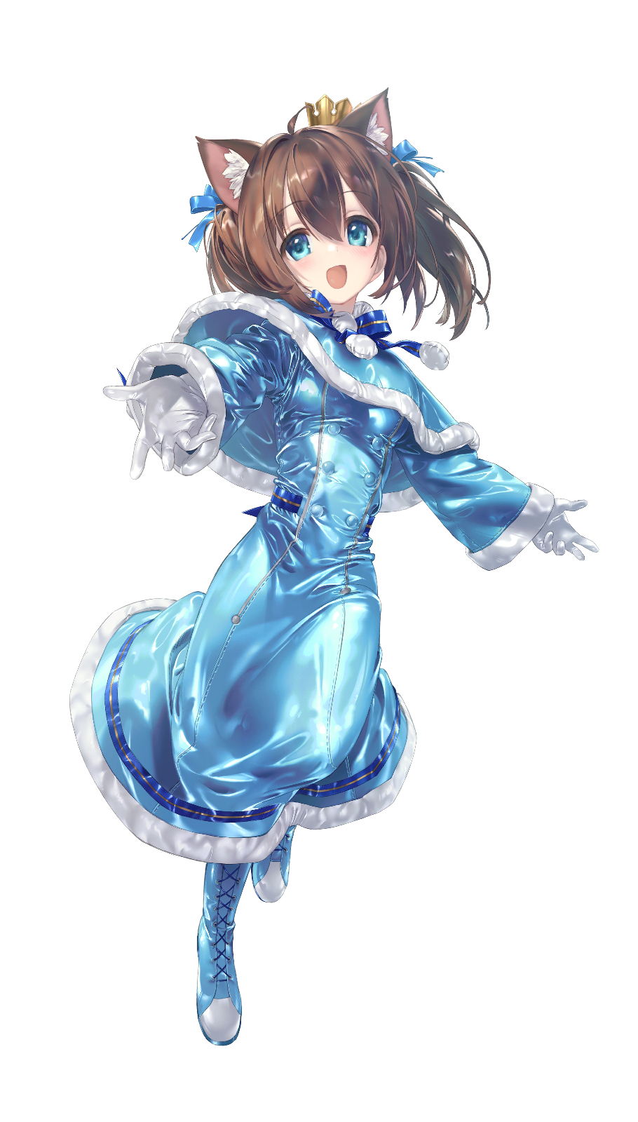 1girl, :d, adashi_makoto, ahoge, animal_ear_fluff, animal_ears, blue_boots, blue_bow, blue_bowtie, blue_capelet, blue_dress, blue_eyes, boots, borrowed_character, bow, bowtie, breasts, brown_hair, capelet, cat_ears, cat_girl, commentary_request, crown, dress, full_body, gloves, gold_crown, hair_between_eyes, hair_bow, highres, lace-up_boots, long_sleeves, looking_at_viewer, medium_hair, mini_crown, open_mouth, original, outstretched_arm, reaching, reaching_towards_viewer, shiny_clothes, simple_background, smile, solo, tilted_headwear, twintails, white_background, white_gloves