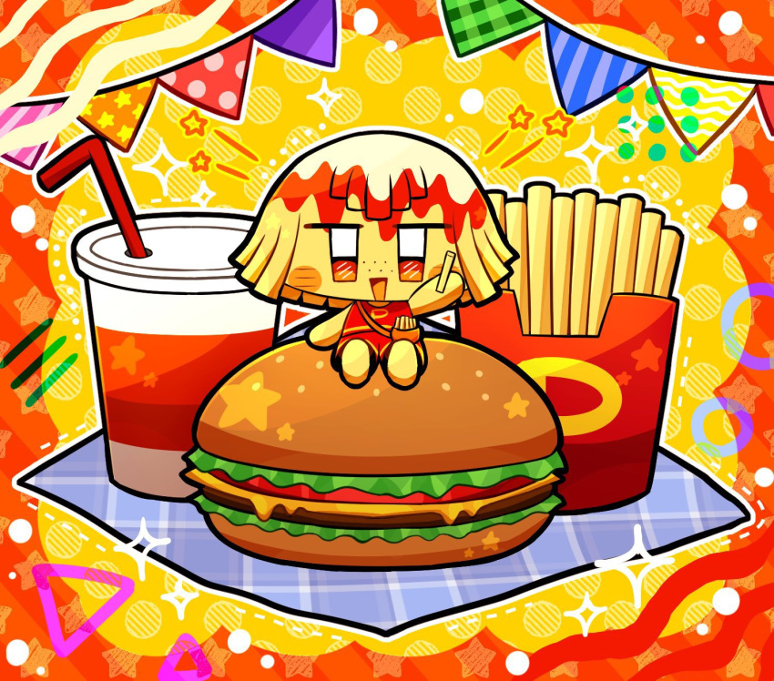 1girl, blonde_hair, blush_stickers, burger, chibi, circle, colored_skin, food