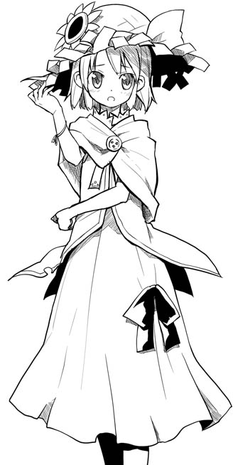 :o, flower, hat, kannazuki_hato, kazami_yuuka, monochrome, open_mouth, short_hair