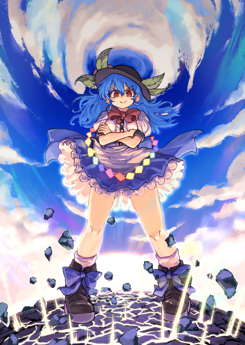 1girl, absurdres, black_hat, black_shoes, blue_hair, blue_skirt, blue_sky, clouds