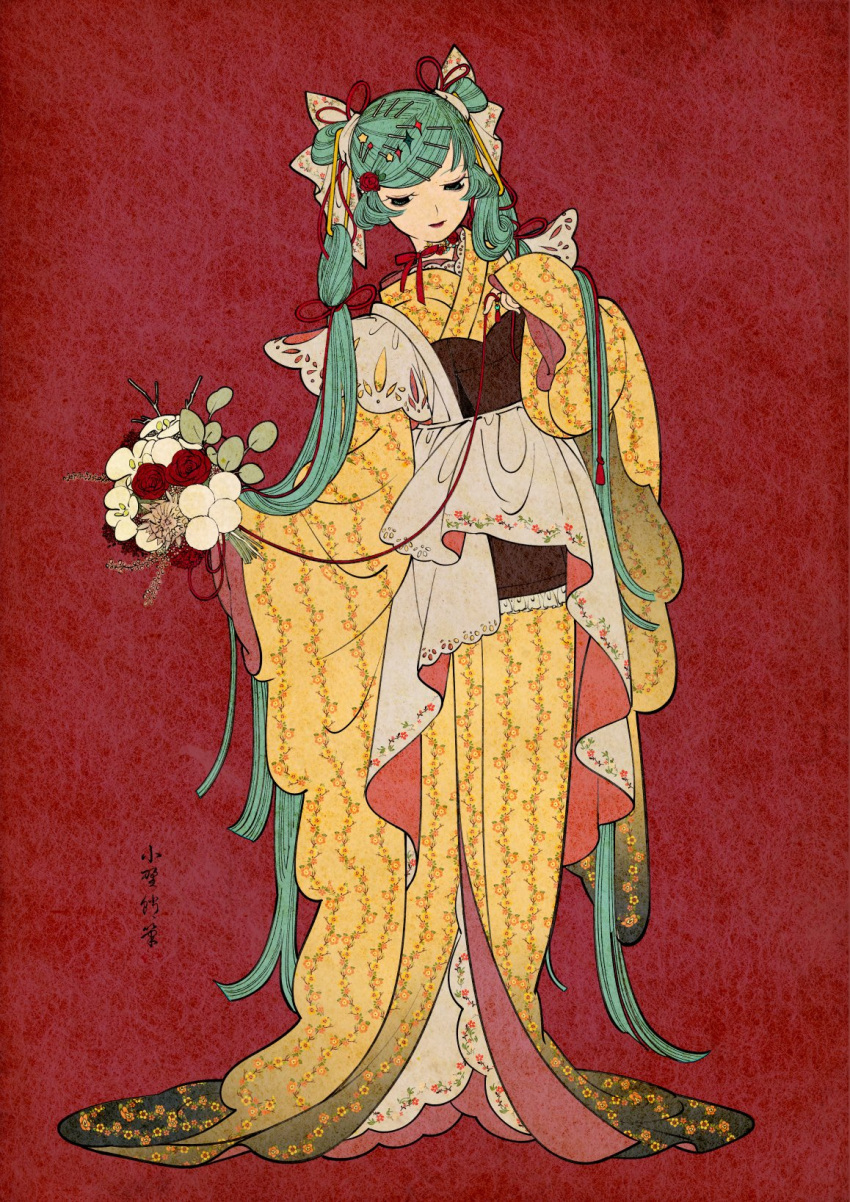 1girl, apron, bouquet, bow, commentary_request, floral_print, flower, green_hair, hair_bow, hair_bun, hair_ornament, hair_ribbon, hairclip, hatsune_miku, highres, japanese_clothes, kimono, lipstick, long_hair, long_sleeves, maid, makeup, nihonga, obi, ono_tako, red_background, ribbon, rose, sash, solo, star_(symbol), star_hair_ornament, string, string_of_fate, translation_request, twintails, ukiyo-e, very_long_hair, vocaloid, wa_maid, wide_sleeves