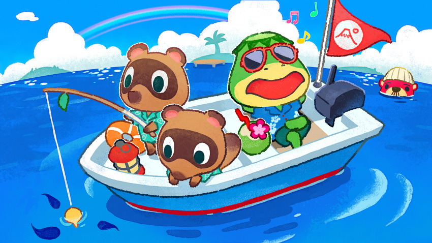 animal_crossing, animal_crossing:_new_horizons, beamed_eighth_notes, beanie, black_eyes, blue_shirt, blue_sky, boat