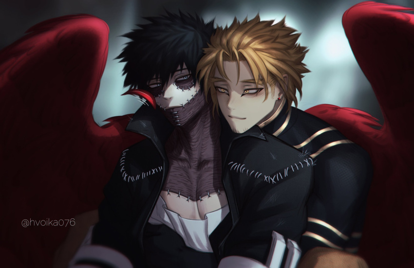 2boys, beard_stubble, black_hair, blonde_hair, blue_eyes, boku_no_hero_academia, burn_scar, closed_mouth