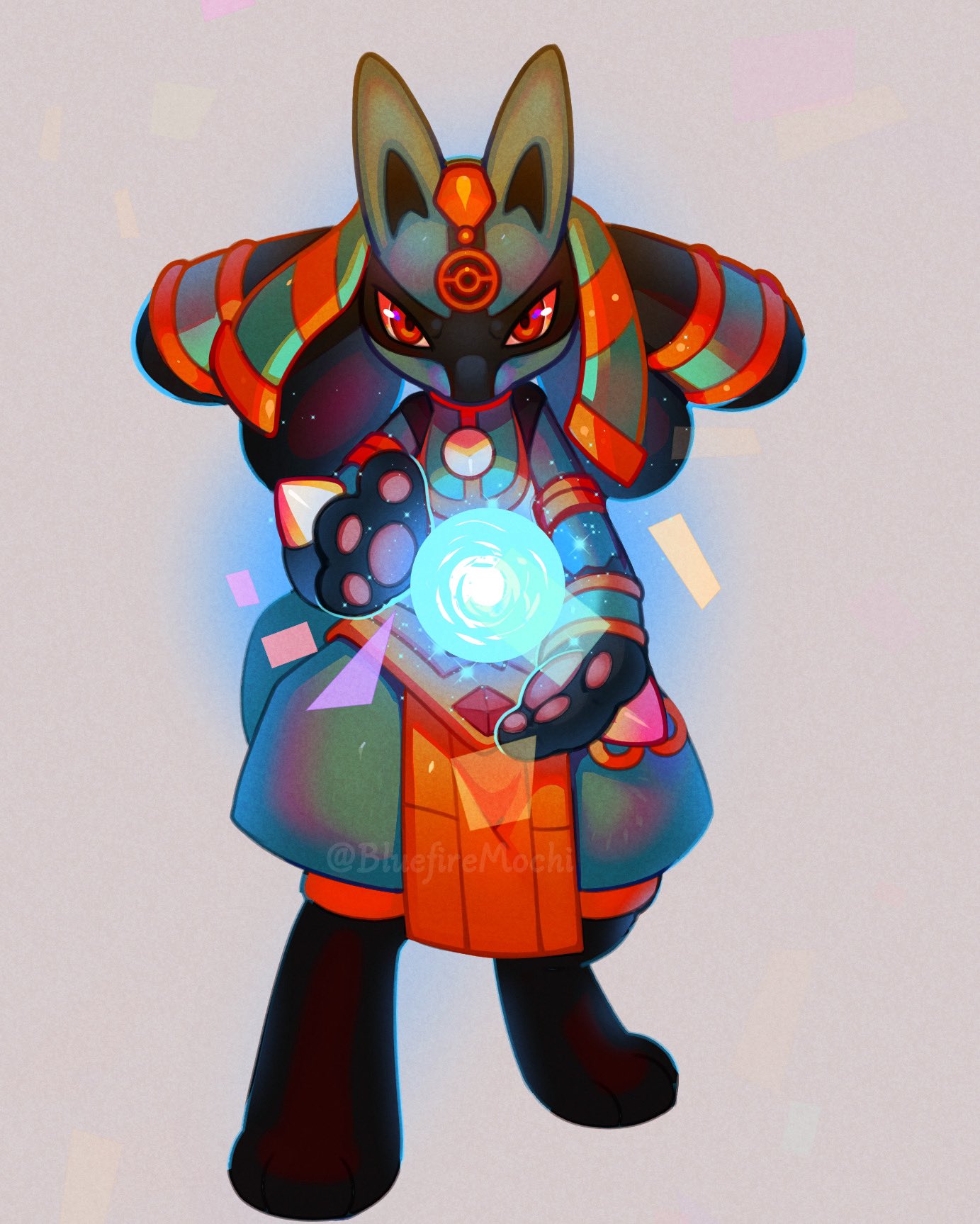 black_fur, blue_fur, bluefire_mochi, clothed_pokemon, grey_background, highres, looking_at_viewer, lucario