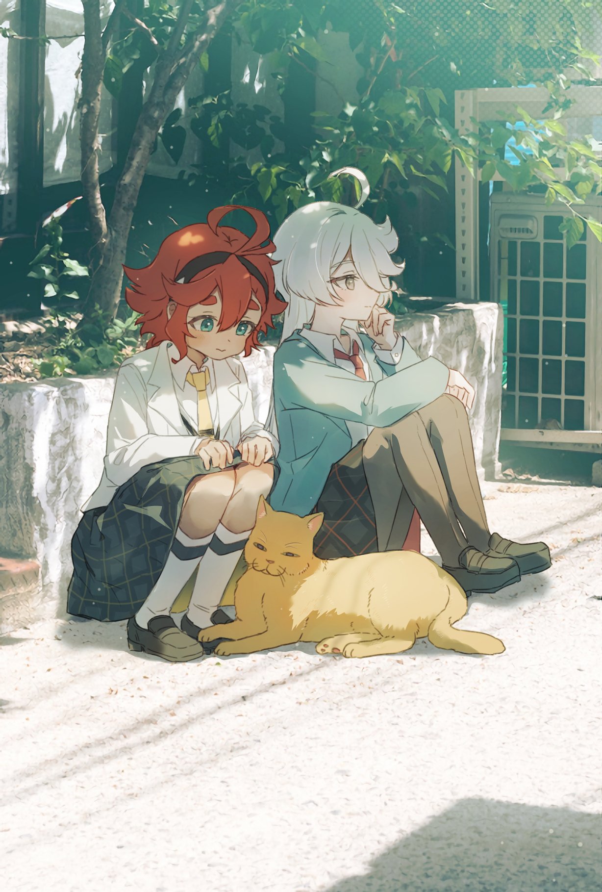 2girls, black_hairband, black_pantyhose, black_shoes, black_skirt, blue_eyes, collared_shirt, commentary, day, green_jacket, grey_eyes, gundam, gundam_suisei_no_majo, gundam_suisei_no_majo:_seishun_frontier, hairband, highres, hoban, jacket, kneehighs, loafers, long_hair, miorine_rembran, multiple_girls, necktie, orange_cat, outdoors, pantyhose, photo_background, plaid_clothes, plaid_skirt, red_hair, red_necktie, shadow, shirt, shoes, skirt, socks, suletta_mercury, thick_eyebrows, tree, white_hair, white_jacket, white_shirt, white_socks, yellow_necktie