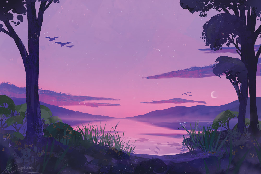 artist_name, bush, crescent_moon, grass, lake, landscape, leaping_hare_press, moon