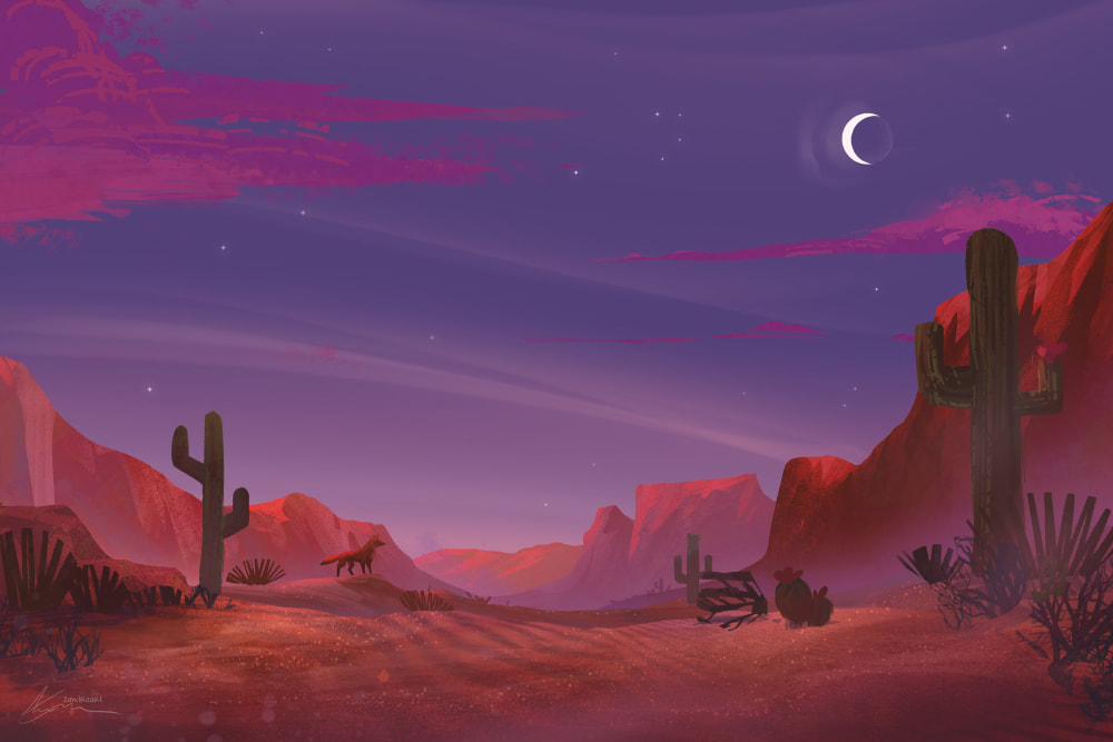 animal, artist_name, bush, cactus, crescent_moon, desert, fox, landscape