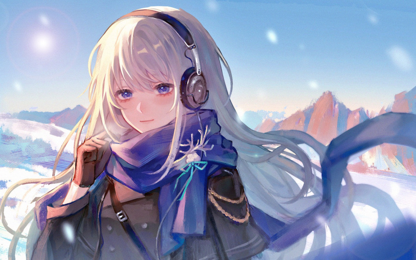 1girl, adjusting_scarf, bkornblume, black_coat, black_gloves, blue_eyes, blue_scarf, blue_sky