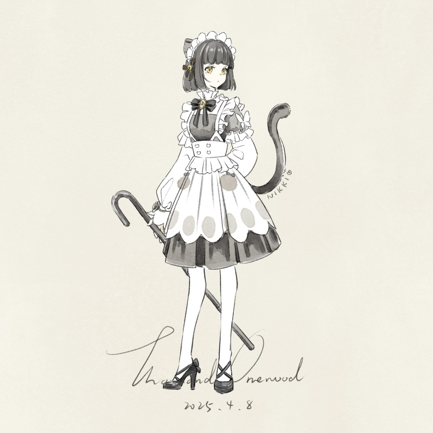 1girl, :o, animal_ears, apron, arm_behind_back, bell, black_bow, black_dress
