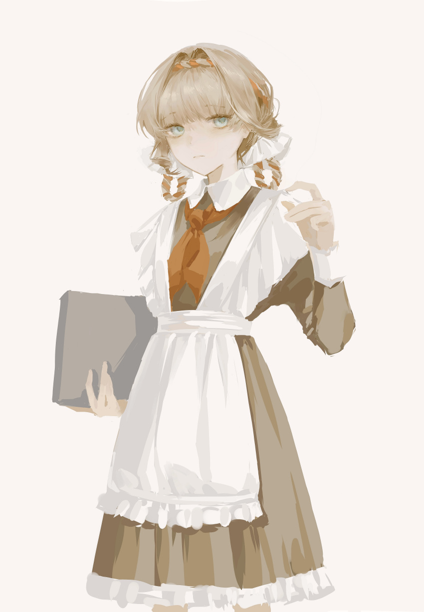1girl, absurdres, alternate_costume, alternate_hairstyle, apron, blonde_hair, blue_eyes, book