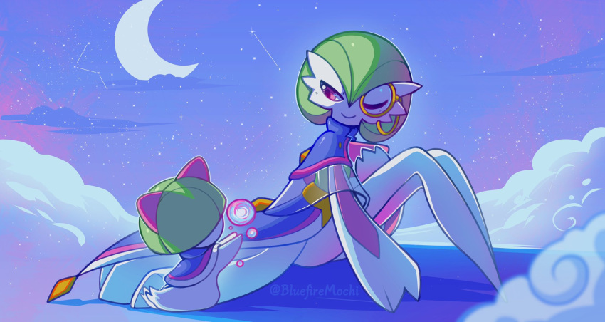 artist_name, bluefire_mochi, clothed_pokemon, clouds, crescent_moon, gardevoir, gardevoir_(sacred), green_hair