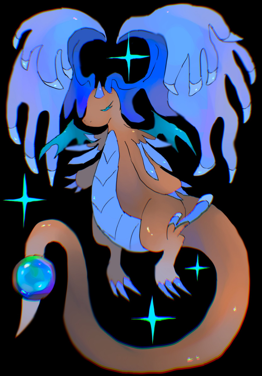 black_background, claws, closed_eyes, closed_mouth, dragonite, feathered_wings, full_body, head_wings