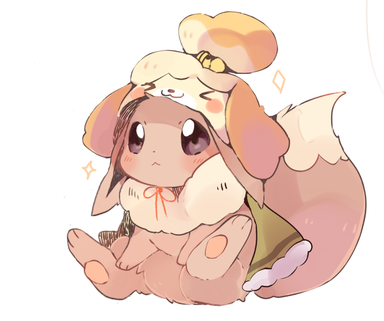 :<, animal_crossing, blush, brown_eyes, closed_mouth, commentary_request, cosplay, eevee