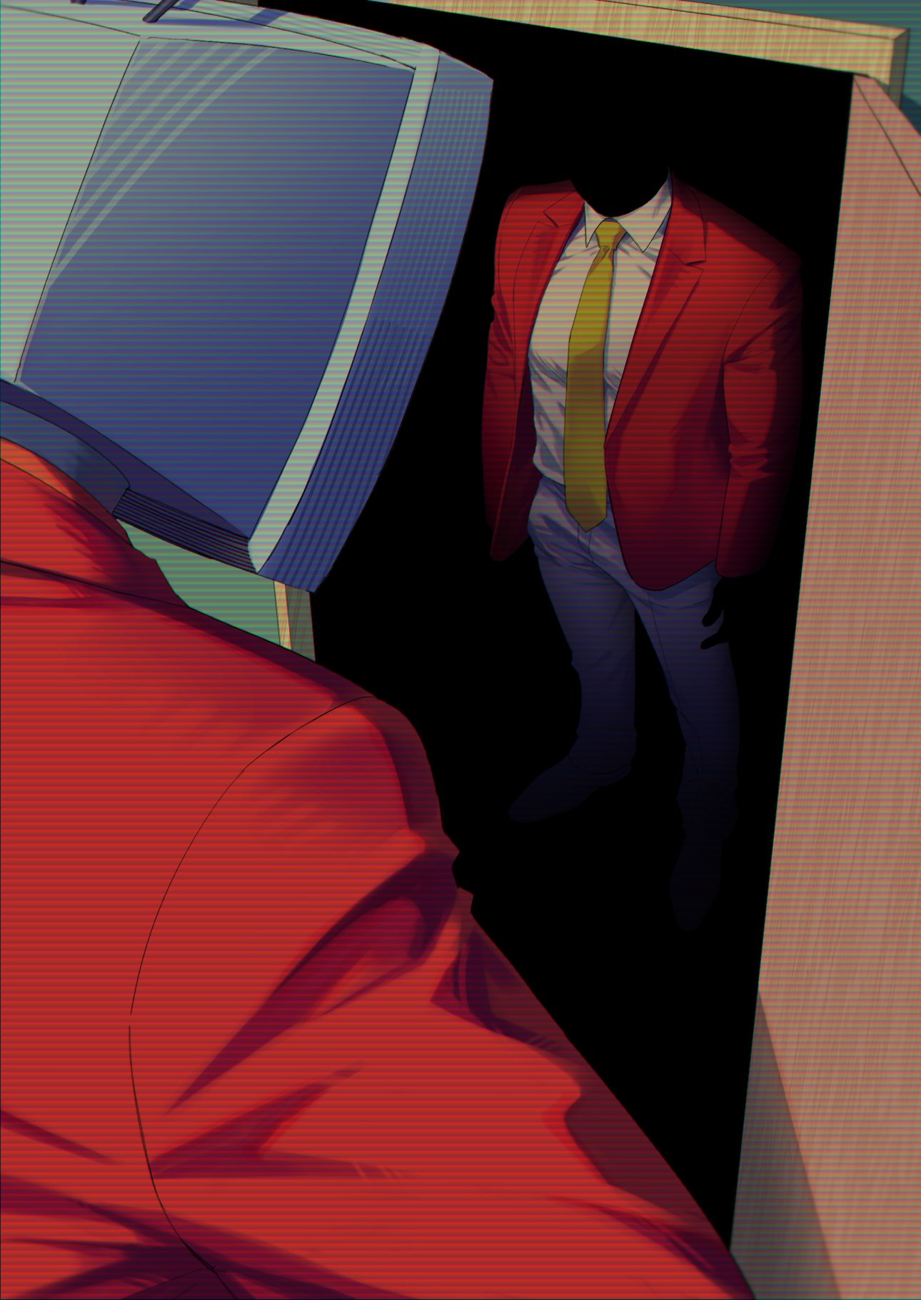 2boys, ant_tenna, collared_shirt, commentary, crt, deltarune, english_commentary, hei3355, highres, jacket, looking_at_another, male_focus, multiple_boys, necktie, object_head, open_clothes, open_jacket, opening_door, pants, red_jacket, shirt, spamton_g._spamton, spamton_g._spamton_(big_shot), standing, white_pants, white_shirt, yellow_necktie