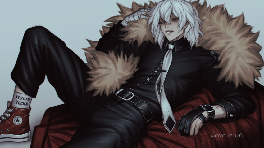 1boy, bandaged_arm, bandaged_hand, bandages, belt, black_belt, black_pants, black_shirt