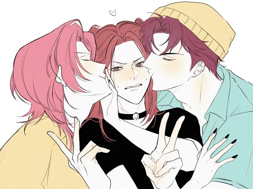 1girl, 2boys, abby_(kpop_demon_hunters), black_nails, black_shirt, blush, choker, closed_eyes