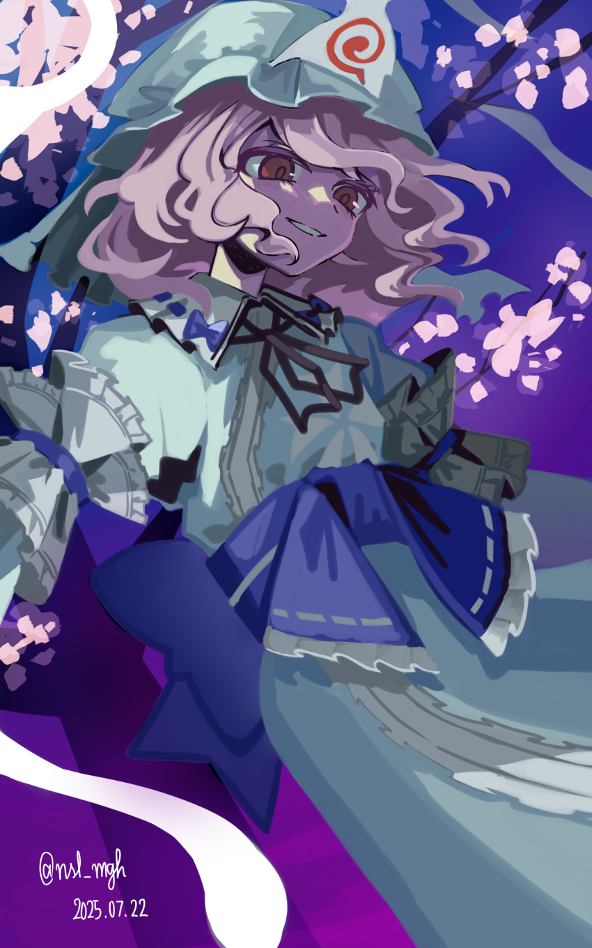 1girl, absurdres, arm_garter, back_bow, black_ribbon, blue_background, blue_bow, blue_hat, blue_kimono, blue_ribbon, blue_sash, bow, branch, brown_eyes, cherry_blossoms, commentary_request, cowboy_shot, dated, evil_grin, evil_smile, floating_hair, frilled_kimono, frills, from_below, gradient_background, grin, hat, highres, ichirugi, japanese_clothes, kimono, light_blush, medium_hair, mob_cap, neck_ribbon, pink_hair, pink_petals, purple_background, ribbon, ribbon-trimmed_collar, ribbon_trim, saigyouji_yuyuko, sash, shaded_face, smile, solo, touhou, triangular_headpiece, twitter_username, wavy_hair, white_arm_garter, white_trim