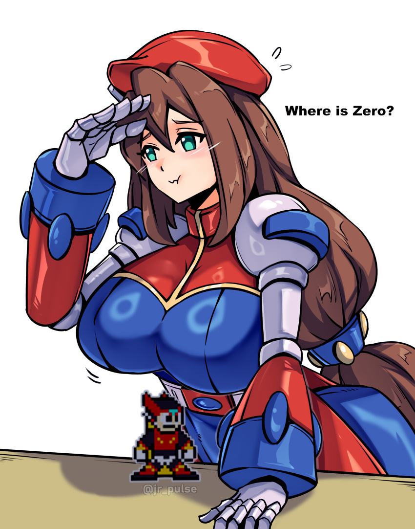 1boy, 1girl, absurdres, android, angry, armor, beret, blonde_hair, blush, breasts, brown_hair, dress, gloves, green_eyes, hair_between_eyes, hat, helmet, highres, iris_(mega_man), joints, jrpulse, large_breasts, long_hair, low-tied_long_hair, mega_man_(series), mega_man_x_(series), mega_man_zero_(series), mini_person, miniboy, pixel_art, red_armor, red_helmet, robot_girl, robot_joints, very_long_hair, white_gloves, zero_(mega_man)