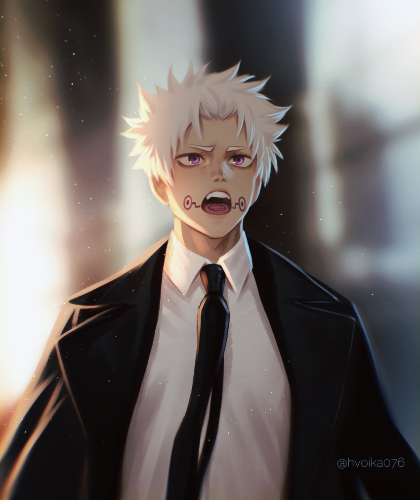 1boy, alternate_costume, black_necktie, blurry, blurry_background, collared_shirt, facial_tattoo, formal_clothes