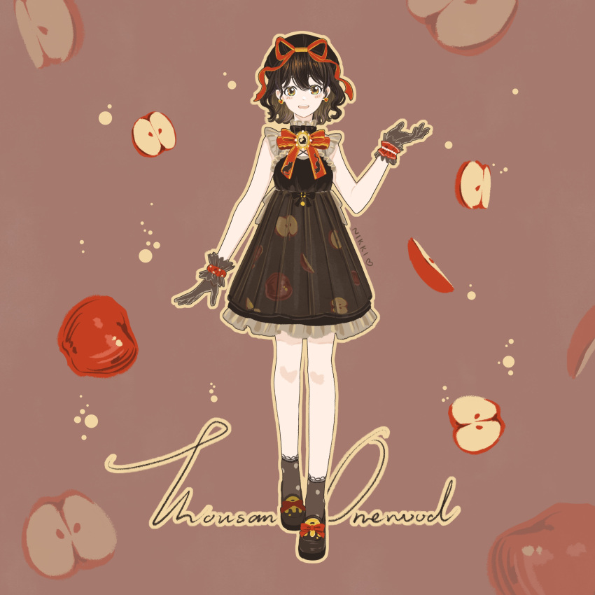 1girl, absurdres, apple, apple_print, apple_slice, bare_legs, bare_shoulders, black_dress, black_gloves, black_hair, black_shoes, black_socks, bow, bowtie, brown_background, brown_eyes, copyright_name, dress, earrings, food, food_print, footwear_bow, frilled_dress, frilled_wrist_cuffs, frills, fruit, fruit_background, fruit_print, fruity_wish_(infinity_nikki), full_body, gloves, hair_between_eyes, hair_ribbon, happy, highres, infinity_nikki, jewelry, knees, lace-trimmed_socks, nikki_(series), open_mouth, outline, pleated_dress, polka_dot, polka_dot_socks, polka_dot_wrist_cuffs, qianyimuthyimu, red_bow, red_bowtie, red_ribbon, red_wrist_cuffs, ribbon, shoes, short_dress, short_hair, signature, sleeveless, sleeveless_dress, smile, socks, solo, standing, stylist_(nikki), tareme, teeth, turtleneck, turtleneck_dress, upper_teeth_only, wrist_cuffs, yellow_outline