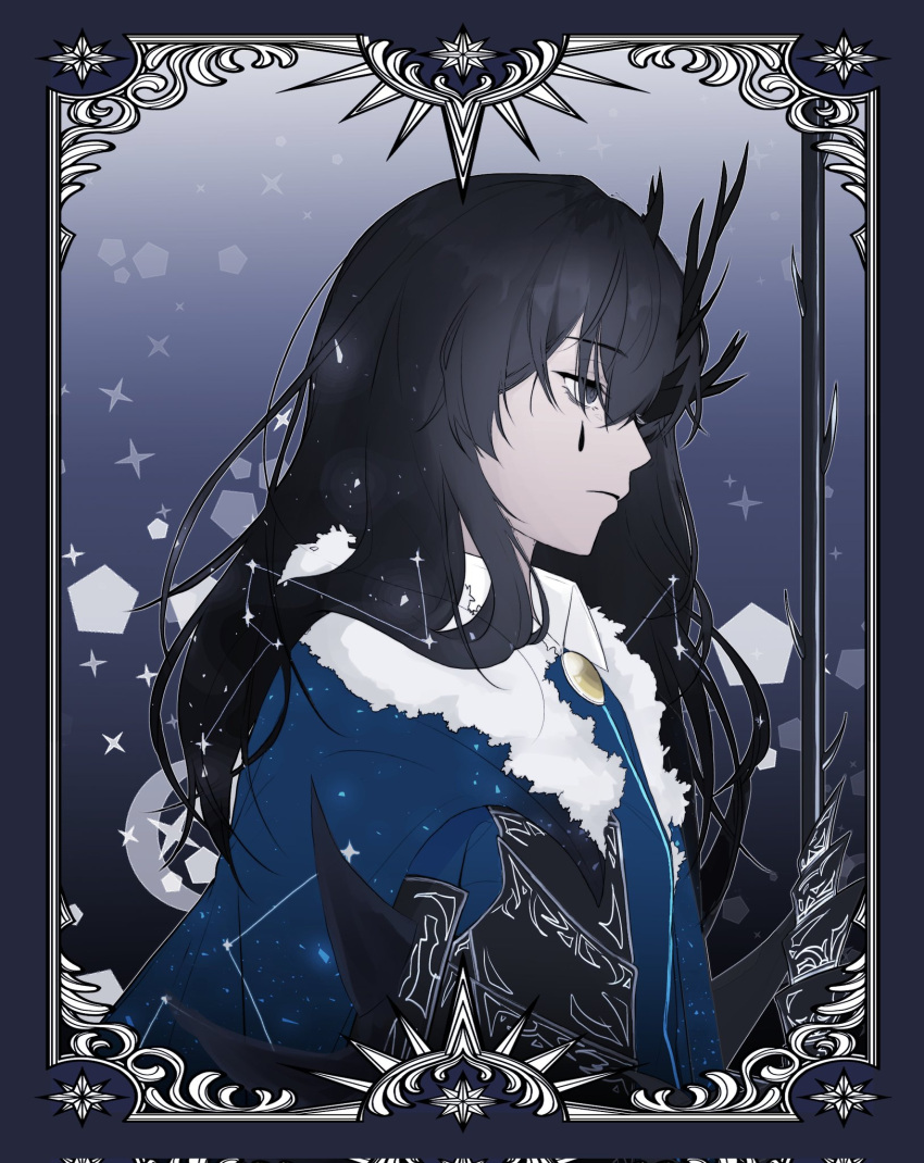 1boy, black_hair, blue_coat, border, brooch, coat, collar, d_ecember12th