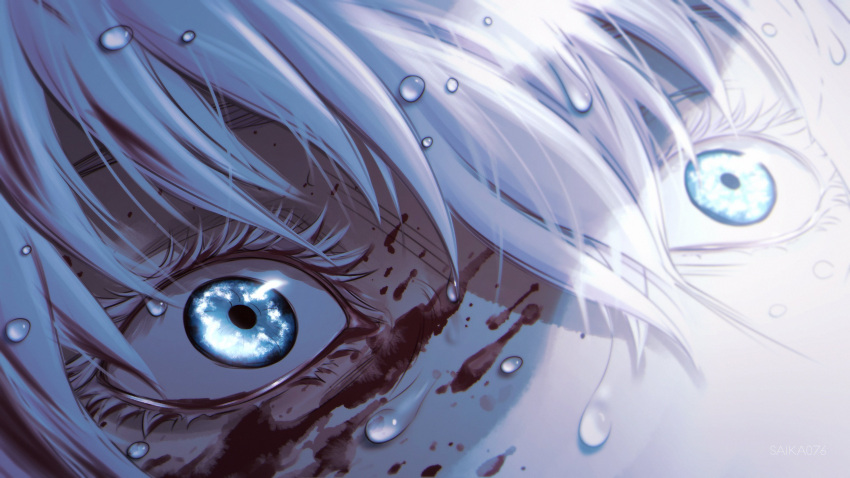 1boy, absurdres, blood, blood_on_face, blue_eyes, colored_eyelashes, eye_focus, eye_reflection, eyelashes, gojou_satoru, hair_between_eyes, hashtag-only_commentary, highres, jujutsu_kaisen, looking_up, male_focus, reflection, saika076, short_hair, solo, water_drop, white_hair
