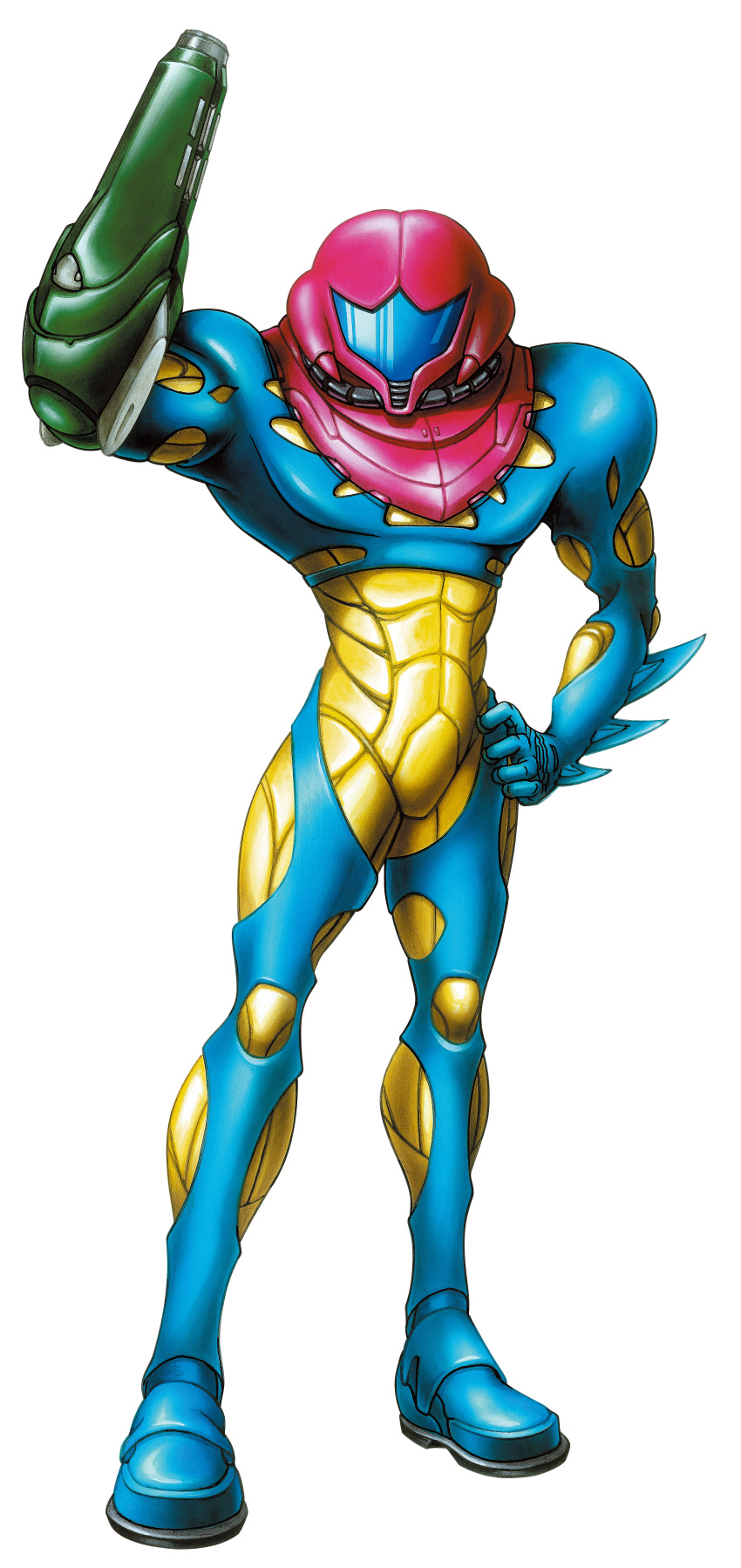 1girl, absurdres, arm_cannon, arm_spikes, arm_up, assault_visor, blue_bodysuit, blue_visor