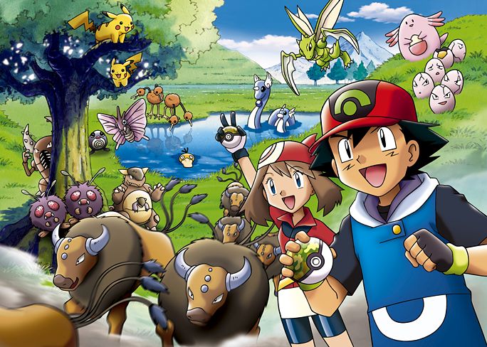 1boy, 1girl, :d, antennae, arm_up, artist_request, ash_ketchum, baseball_cap