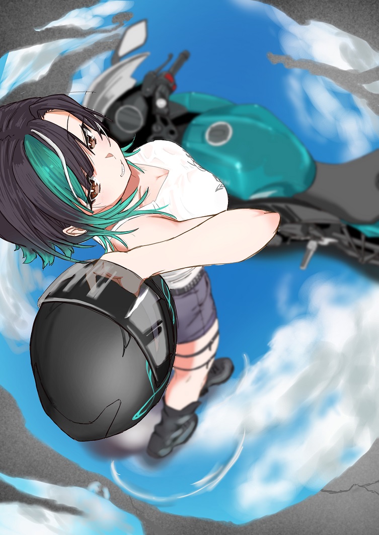 1girl, black_hair, breasts, brown_eyes, from_above, helmet, hololive, hololive_dev_is