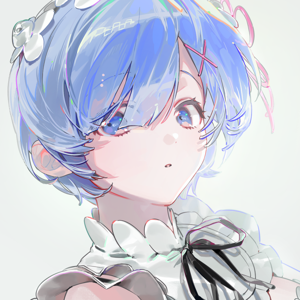 1girl, black_ribbon, blue_eyes, blue_hair, flower, grey_background, hair_between_eyes, hair_flower, hair_ornament, hair_ribbon, head_wreath, looking_at_viewer, neck_ribbon, owo_yato, pink_ribbon, portrait, re:zero_kara_hajimeru_isekai_seikatsu, rem_(re:zero), ribbon, roswaal_mansion_maid_uniform, short_hair, solo, white_flower, x_hair_ornament