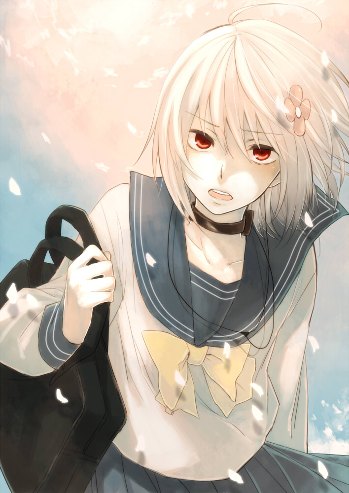 accelerator, accelerator_(female), bag, choker, flower, genderswap, hair_flower, hair_ornament, petals, red_eyes, school_uniform, serafuku, short_hair, solo, suzushina_yuriko, to_aru_majutsu_no_index, white_hair