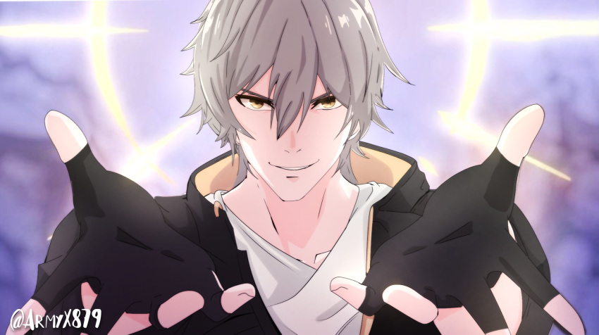 1boy, armyx879, artist_name, black_gloves, black_jacket, caelus_(honkai:_star_rail), fingerless_gloves, gloves