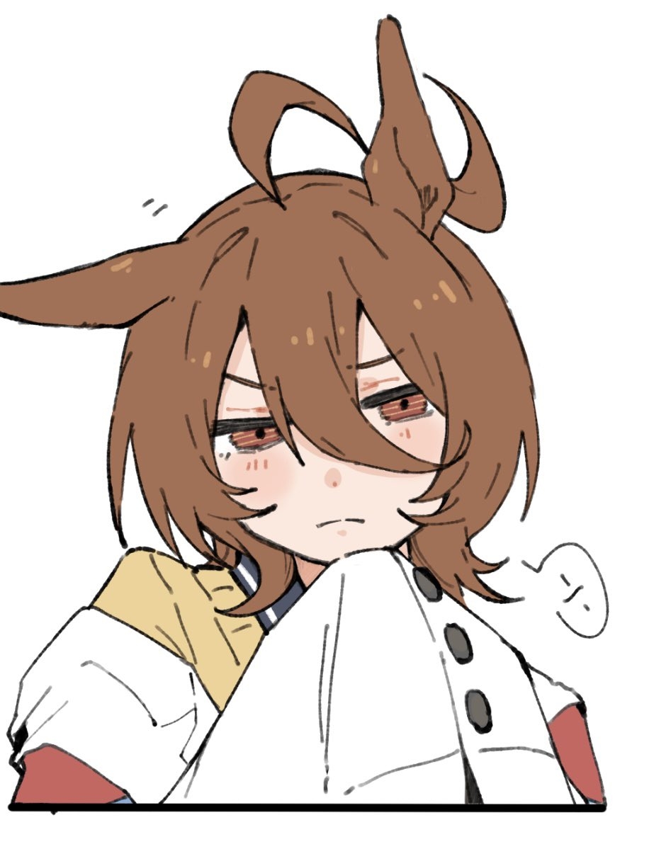 1girl, agnes_tachyon_(umamusume), ahoge, animal_ears, blush, brown_hair, earrings, hair_between_eyes