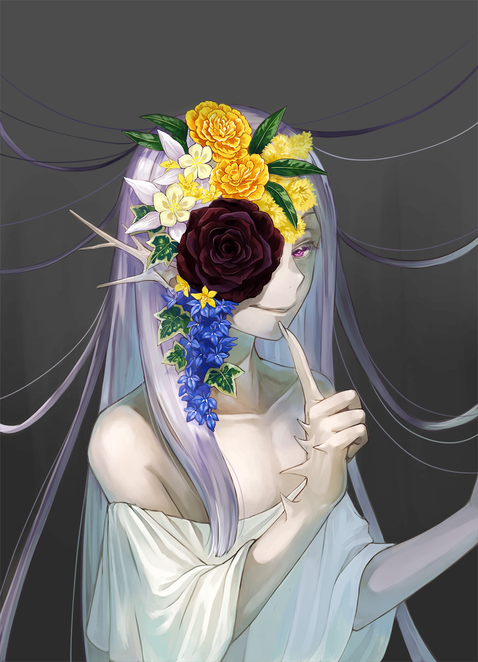 1girl, arm_spikes, bare_shoulders, black_flower, black_rose, blue_flower, branch, collarbone
