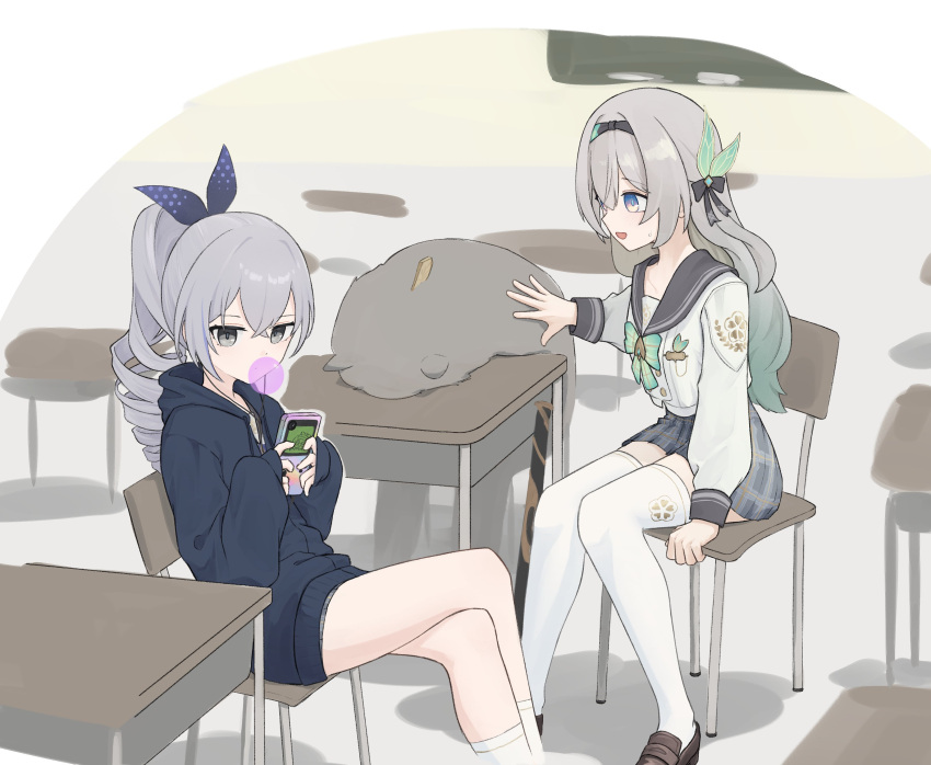 1other, 2girls, absurdres, baseball_bat, black_hairband, black_ribbon, blue_hoodie, blush