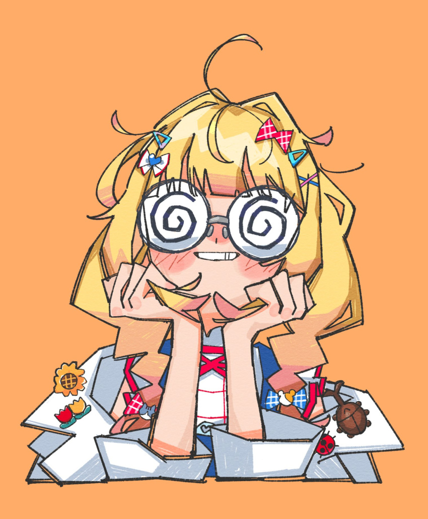 1girl, beetle, blonde_hair, blue_overalls, blunt_bangs, blush, bow, braid, bug, coat, coke-bottle_glasses, cropped_shoulders, flower, flower_ornament, glasses, grin, hair_bow, hair_ornament, hairclip, hands_on_own_chin, hashtag-only_commentary, highres, hololive, lab_coat, ladybug_ornament, long_hair, looking_at_viewer, low_twin_braids, momosuzu_nene_(7th_costume), official_alternate_costume, official_alternate_hairstyle, orange_background, overalls, pink_hair, plaid_bow, plaid_clothes, plaid_shirt, shirt, simple_background, smile, solo, sunflower, twin_braids, udonko_(270udon), virtual_youtuber, white_coat, white_shirt, x_hair_ornament
