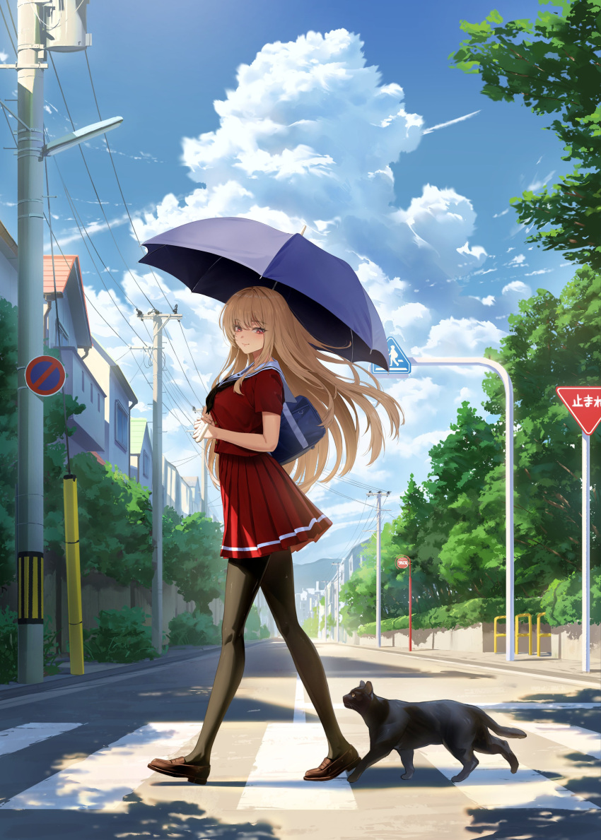 1girl, abe-chan, absurdres, bag, black_cat, black_pantyhose, blonde_hair, blue_sky
