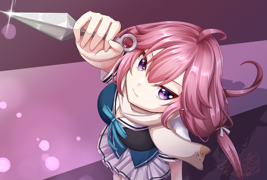 1girl, ahoge, arm_at_side, arm_up, blue_ribbon, breasts, brown_scarf, closed_mouth
