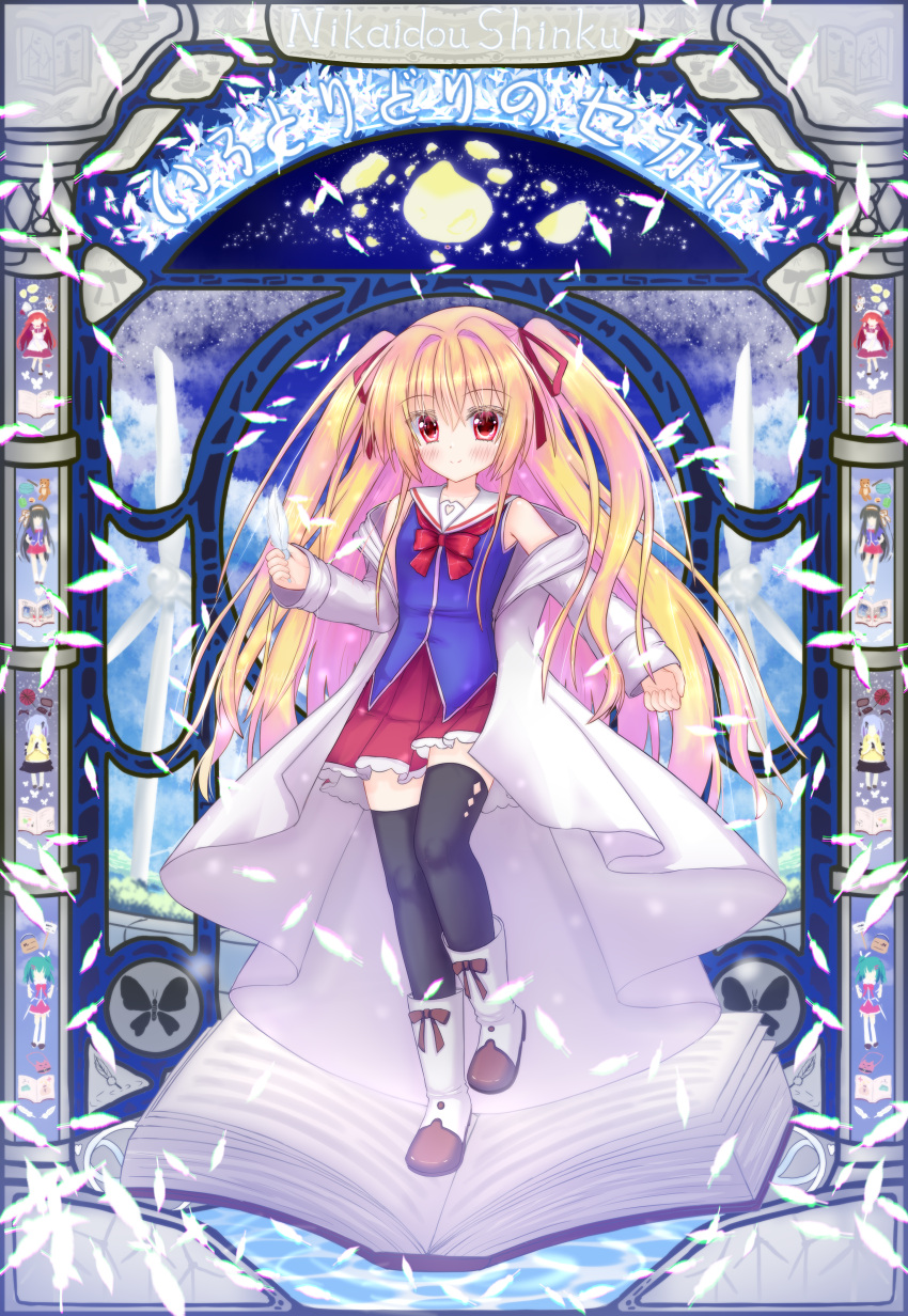 1girl, 2025, absurdres, bare_shoulders, black_thighhighs, blonde_hair, blue_shirt, blush