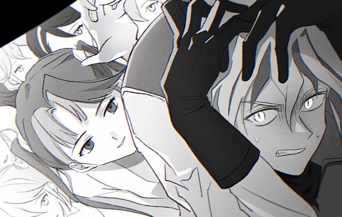 1boy, 5girls, akaba_rei, bracelet_girls, gloves, greyscale, group_picture, hiiragi_yuzu