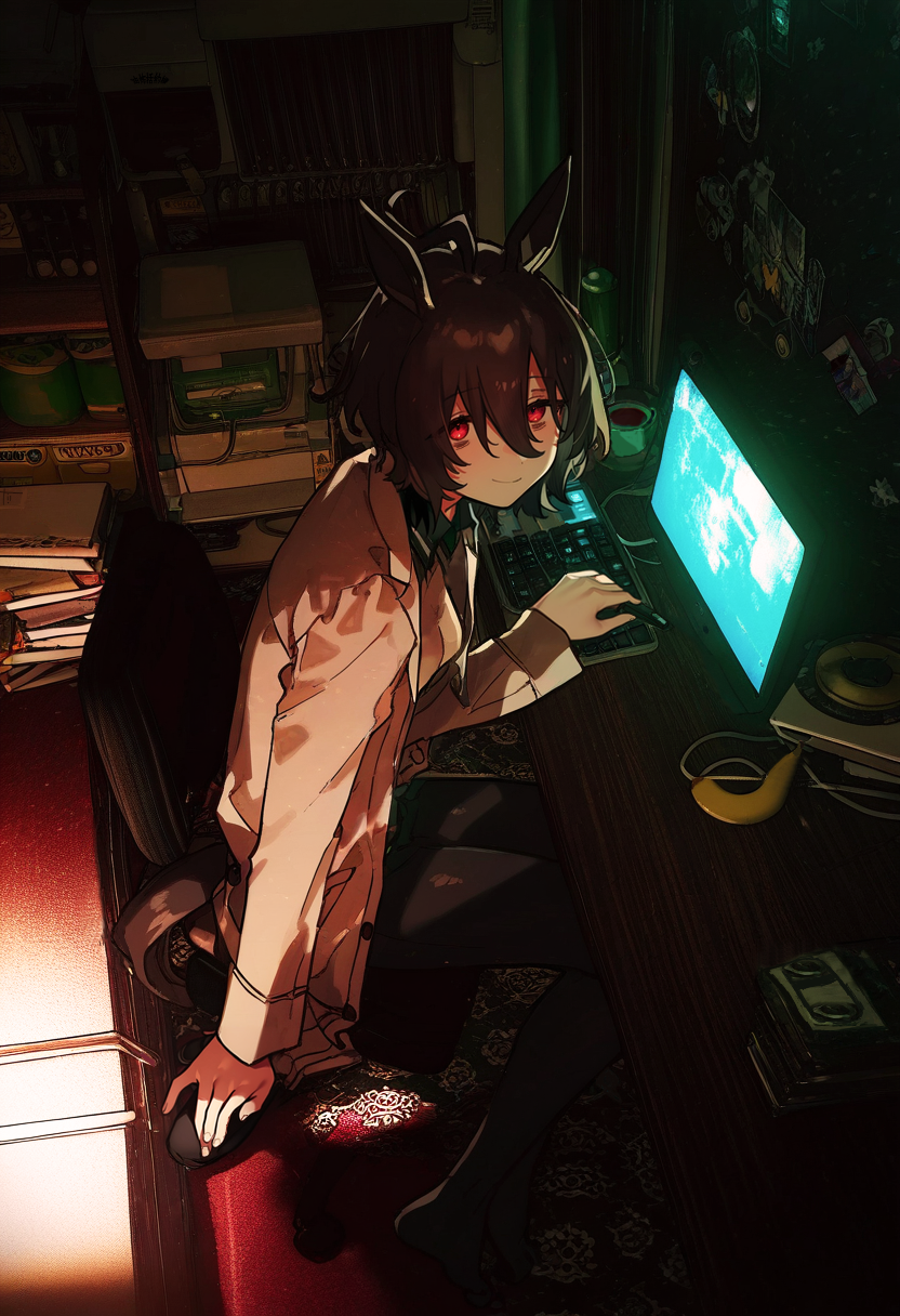 1girl, agnes_tachyon_(umamusume), animal_ears, arm_on_table, bags_under_eyes, black_pants, book, book_stack, brown_hair, cable, carpet, chair, closed_mouth, collared_shirt, computer_keyboard, cup, dark, full_body, hair_between_eyes, happy, highres, holding, holding_pen, horse_ears, horse_girl, indoors, lab_coat, lapels, long_sleeves, looking_at_viewer, monitor, notched_lapels, office_chair, on_chair, pants, pen, red_eyes, shirt, short_hair, sitting, smile, solo, swivel_chair, table, tea, umamusume, yellow_shirt, youzha_kuoyueji_xiaotianshi