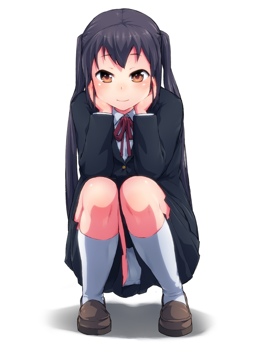 bad_id, black_hair, blazer, blush, brown_eyes, chin_rest, highres, k-on!, kneehighs, long_hair, morimiya_(artist), morimiya_masayuki, nakano_azusa, panties, pantyshot, pantyshot_(squatting), school_uniform, shadow, skirt, smile, solo, squatting, twintails, underwear, white_panties