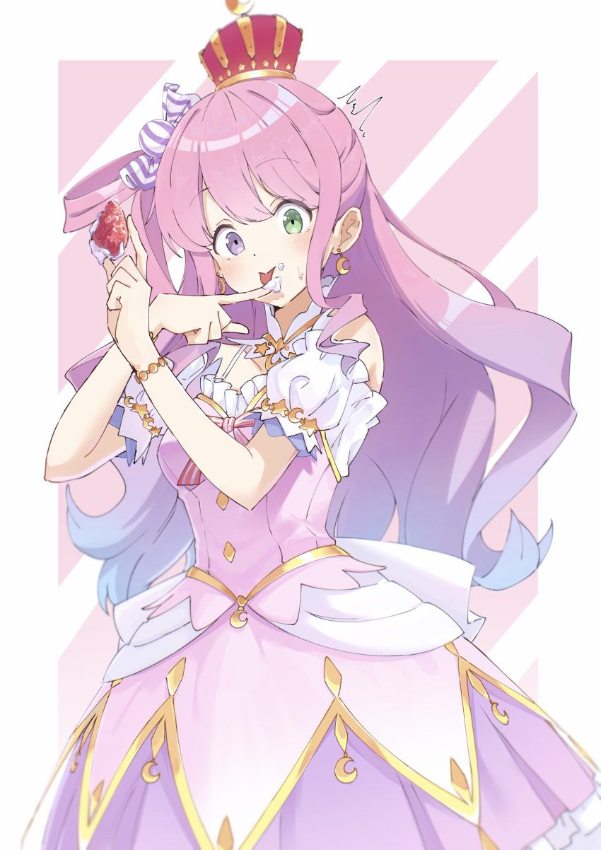 1girl, ^^^, absurdres, arched_crown, back_bow, blue_hair, blush, bow, bracelet, breasts, candy_hair_ornament, commentary_request, cowboy_shot, cream, cream_on_face, cream_on_finger, crescent, crescent_earrings, crescent_necklace, crown, detached_collar, diagonal-striped_background, dress, earrings, food, food-themed_hair_ornament, food_on_face, frilled_dress, frills, fruit, gold_crown, gradient_hair, green_eyes, hair_ornament, hair_rings, heterochromia, highres, himemori_luna, himemori_luna_(1st_costume), holding, holding_food, hololive, jewelry, large_bow, layered_dress, long_hair, looking_at_viewer, miniskirt, mocchan_(mo_chan0225), multicolored_hair, necklace, off-shoulder_dress, off_shoulder, one_side_up, petticoat, pink_background, pink_dress, pink_hair, puffy_short_sleeves, puffy_sleeves, purple_hair, purple_skirt, short_dress, short_sleeves, single_hair_ring, skirt, small_breasts, solo, strawberry, striped_background, surprised, violet_eyes, virtual_youtuber, wavy_hair, whipped_cream